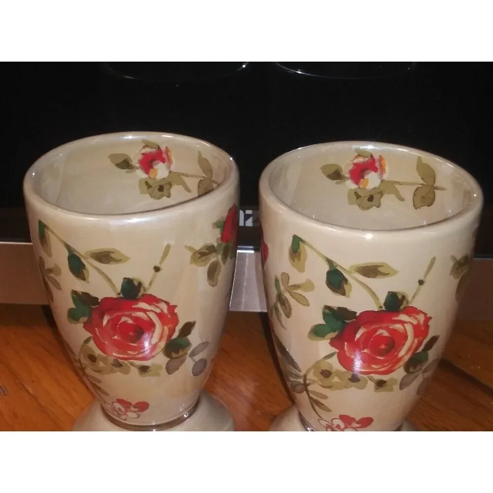 2 Lenox Bathroom Tumblers Wamsutta Springs Floral glazed Ceramic taupe beige